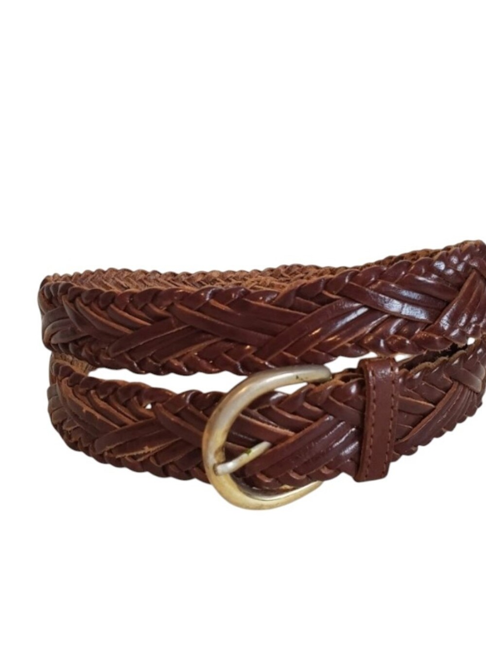 VTG Brown Braided India Glossy Leather Belt Mens 2XL Solid Brass Buckle 82779